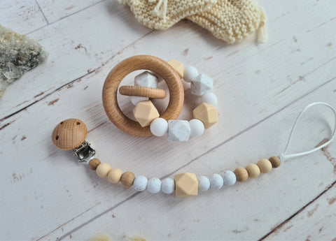 Neutral Cream Teether and Dummy Clip Set