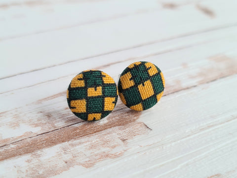 Green and Yellow Check Vintage Fabric Studs