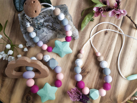Mint Star Wooden Ring Teether, Dummy Clip & Necklace Set